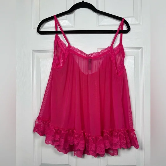 Hot Pink Sheer Mesh Lace Babydoll Lingerie Top Ruffle Hem Size L - Picture 3 of 3
